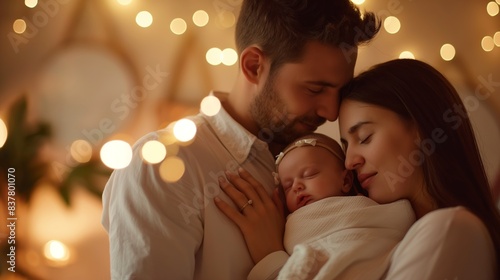An intimate scene of a couple lovingly embracing while holding a sleeping newborn, with soft lighting