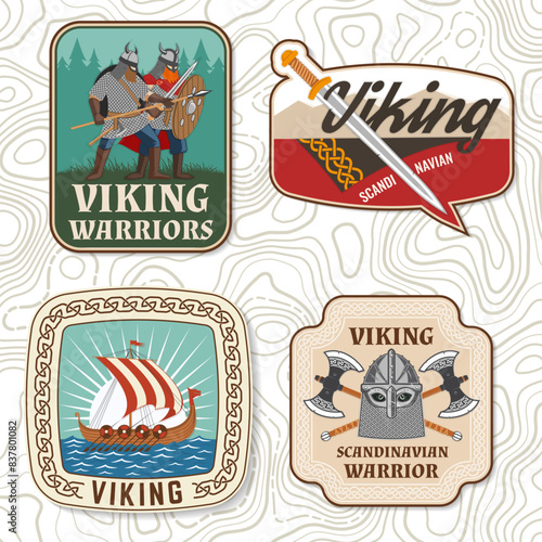 Set of viking warrior logos, badges, stickers. Vector illustration. For emblems, labels and patch. Patch design heraldic shield with a viking in helmet with crossed battle axe, sword and nordic ship