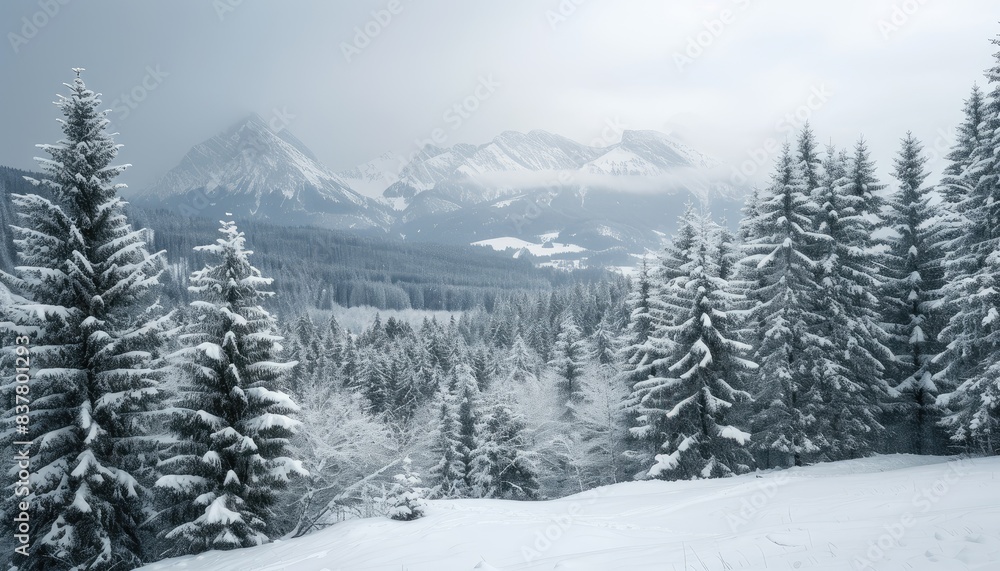 Serene Winter Landscape with Snow-Covered Trees and Mountains Serene Winter Landscape with Snow-Covered Trees and Mountains