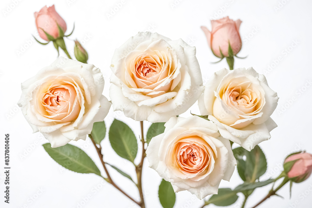 Fototapeta premium Delicate Peach and White Roses on White Background
