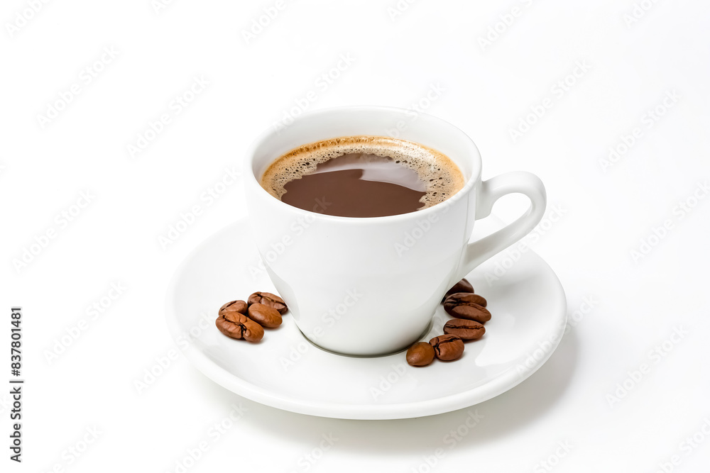 Closeup of a cup of coffee and coffee beans Closeup of a cup of coffee and coffee beans