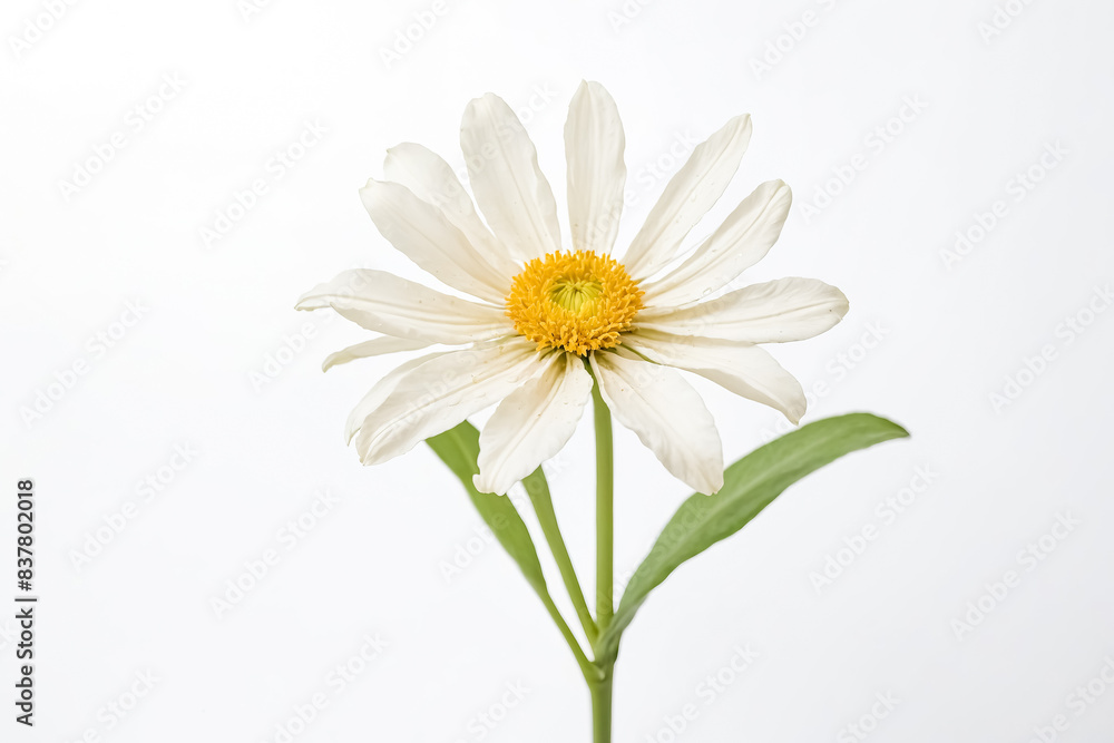 White Daisy Flower with Yellow Center on a White Background White Daisy Flower with Yellow Center on a White Background