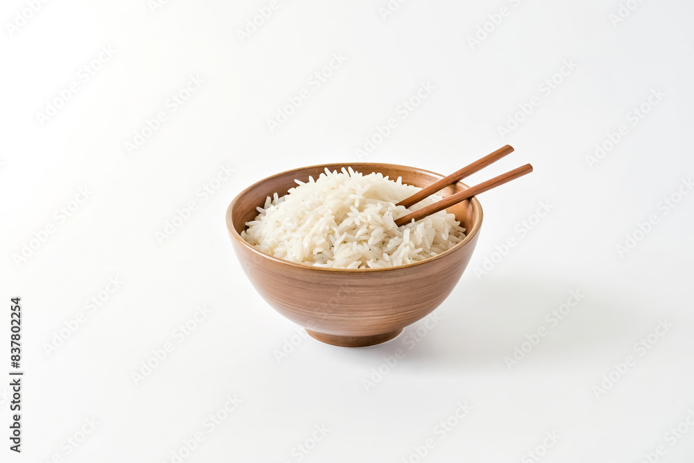 White Rice in a Wooden Bowl with Chopsticks White Rice in a Wooden Bowl with Chopsticks