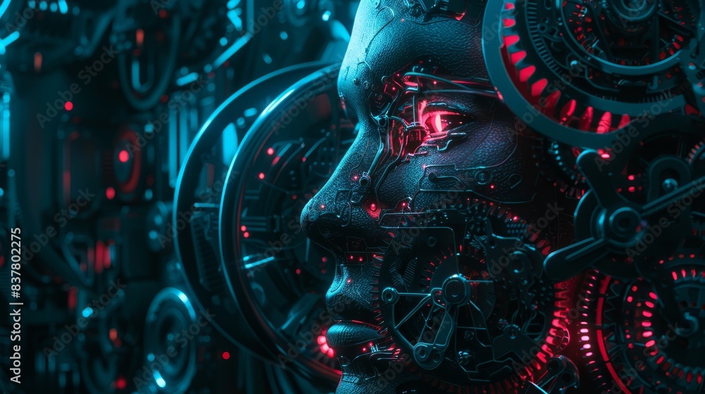 A tight shot of a face before a backdrop of intricate gears and cogwheels, illuminated by a red glow emanating from its center A tight shot of a face before a backdrop of intricate gears and cogwheels, illuminated by a red glow emanating from its center