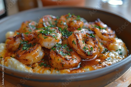 Shrimp and Grits - Shrimp served over creamy grits with a sprinkle of herbs. 