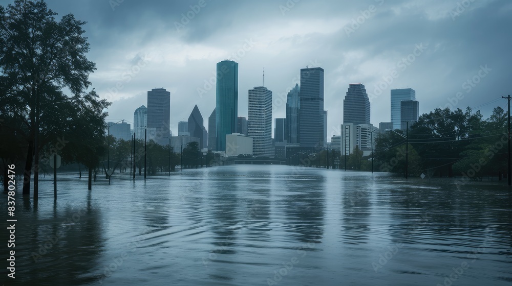 Naklejka premium Cityscape Reflections in Floodwaters After Storm