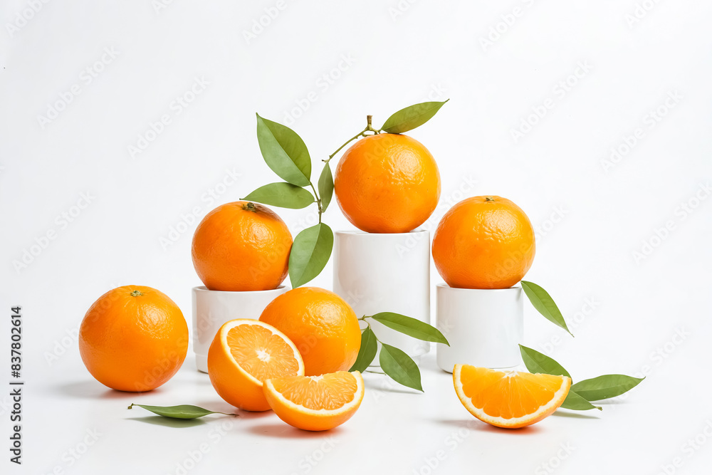 Fresh Oranges with Green Leaves on White Background Fresh Oranges with Green Leaves on White Background