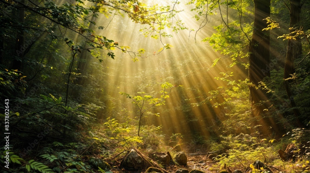 Obraz premium Sun Rays Shining Through Forest Canopy