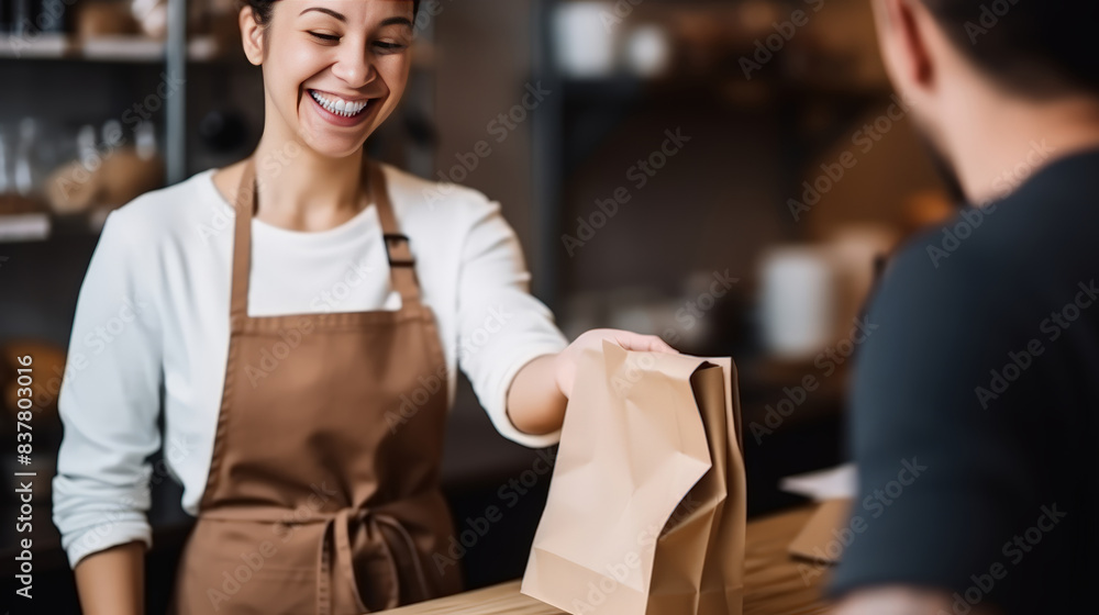 Obraz premium Small business, bakery and coffee, staff barista , client, a cafeteria