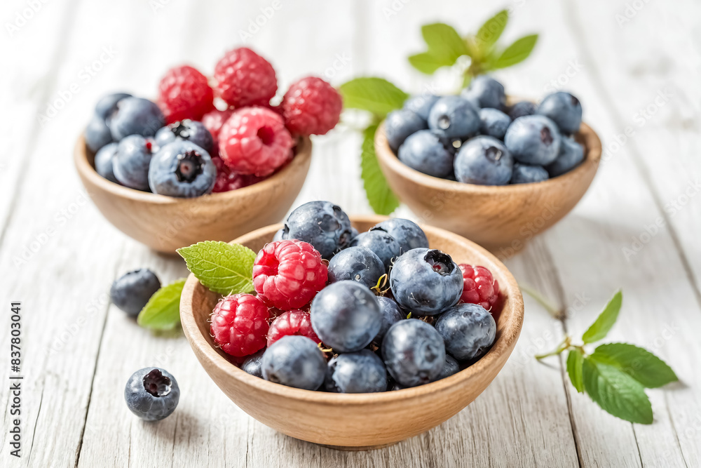 Fresh Berries in Wooden Bowls Fresh Berries in Wooden Bowls
