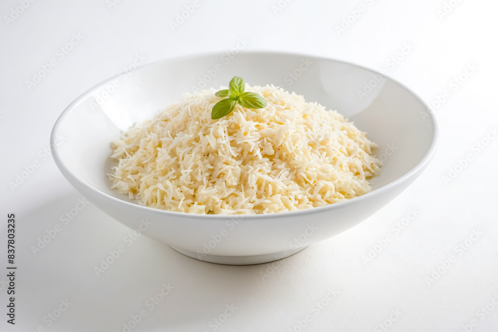 Creamy Rice Pudding in White Bowl with Basil Garnish Creamy Rice Pudding in White Bowl with Basil Garnish