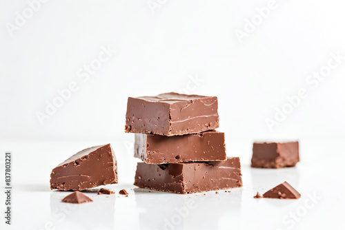 Milk chocolate pieces on a white background