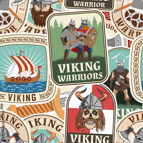 Vikings warrior seamless pattern or background. Vector illustration. Fabric, texture, wallpaper with viking in helmet, crossed battle axe, sword and nordic ship