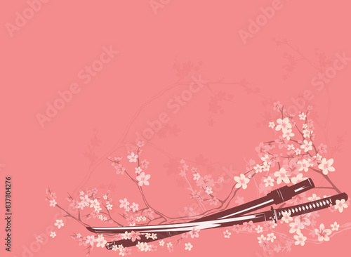samurai katana sword with scabbard among sakura tree blossom brances - japanese warrior blade and cherry tree flowers copy space vector background design