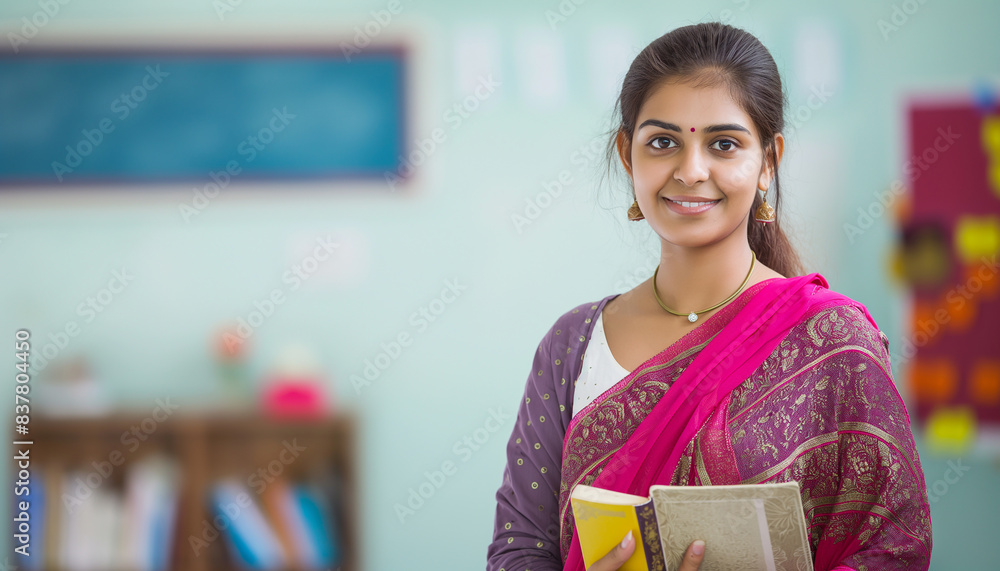 Confident Indian Teacher Standing in Front of the Chalk Board in Classroom Confident Indian Teacher Standing in Front of the Chalk Board in Classroom