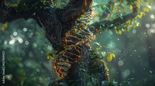 Illuminated Nature-Inspired DNA Helix with Vibrant Green Leaves - Eco-friendly Biotechnological Marvel