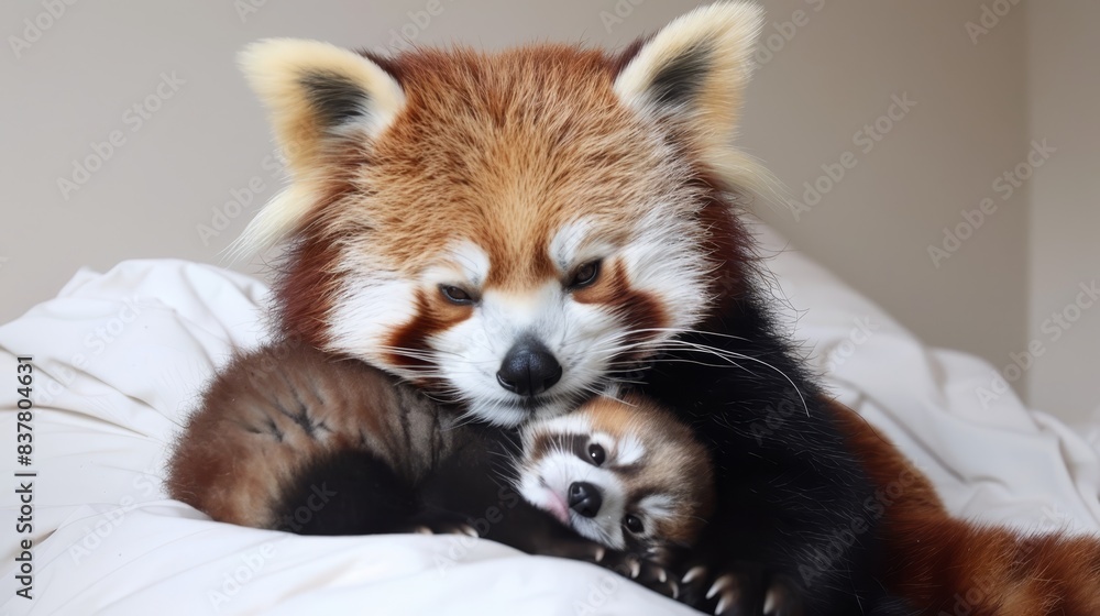 Mother's back supported by baby fox, head rested, paws touching Mother's back supported by baby fox, head rested, paws touching