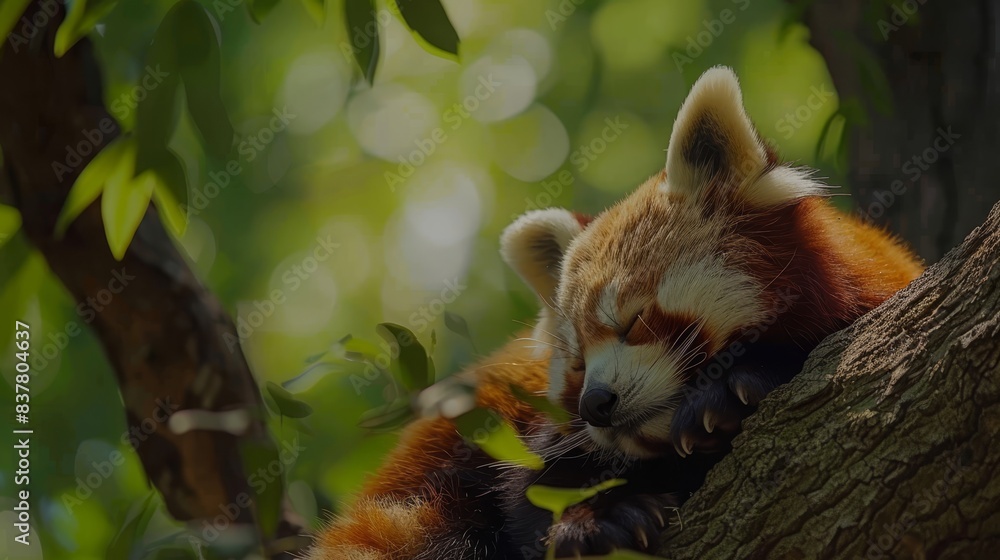 Fototapeta premium A red panda sleeps in a tree, its head on a tree limb Eyes closed, head at ease on a branch