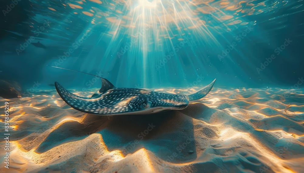 Fototapeta premium Stingray pool, gliding rays, sandy bottom close up, focus on, copy space, smooth and elegant, Double exposure silhouette with rays