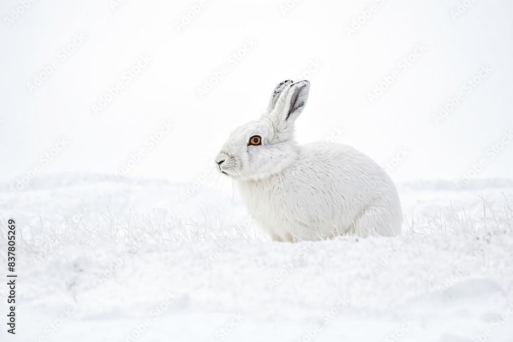 White Arctic Hare in Snowy Landscape White Arctic Hare in Snowy Landscape