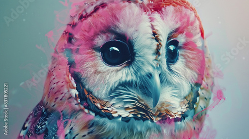 Abstract portrait of Owl with colorful double exposure paint