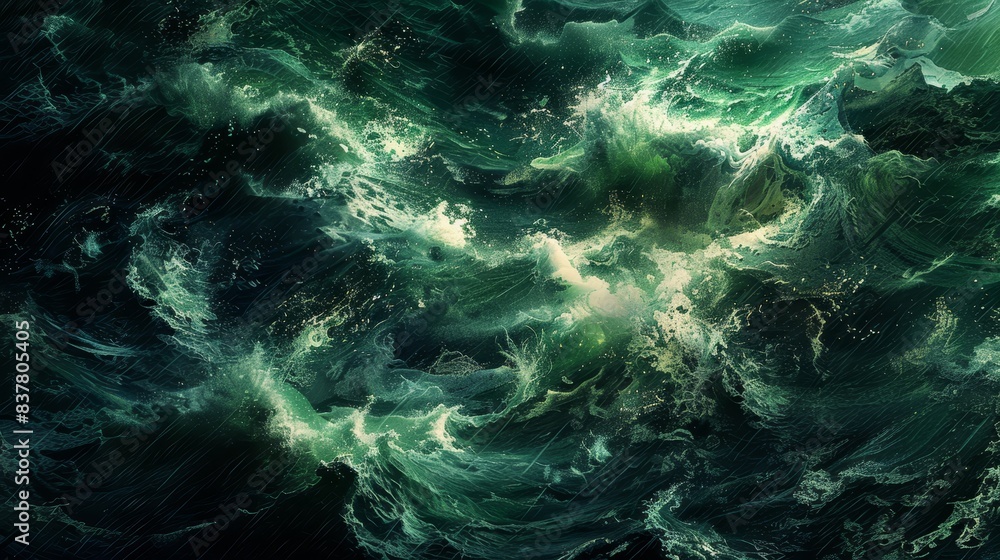 A painting of green and white waves against a black and white background A green light is situated at the picture's center, while a white light is located in the middle ground A painting of green and white waves against a black and white background A green light is situated at the picture's center, while a white light is located in the middle ground