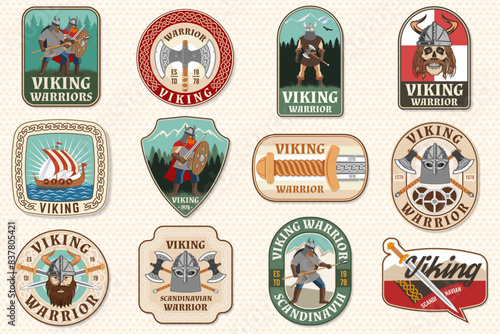 Set of viking warrior logos, badges, stickers. Vector illustration. For emblems, labels and patch. Patch design heraldic shield with a viking in helmet with crossed battle axe, sword and nordic ship
