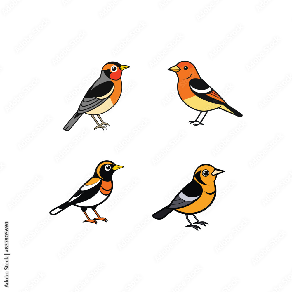 A set of vector bird illustrations with a titmouse, a great tit, and a Canada warbler bird. A set of vector bird illustrations with a titmouse, a great tit, and a Canada warbler bird.