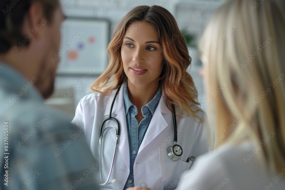 Female scientist in white lab coat conversing with physician