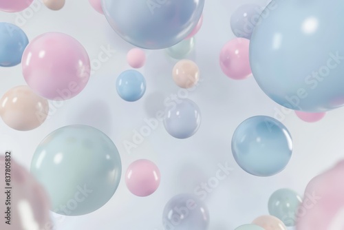 Pastel-colored 3D spheres floating in a light, airy background, creating a dreamy and whimsical atmosphere.