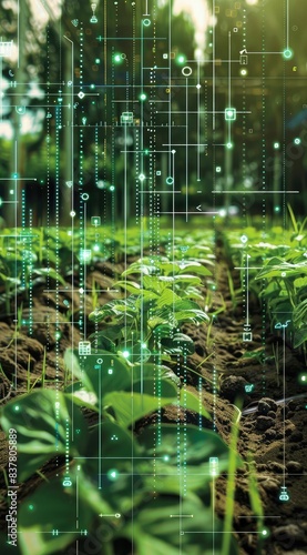 Futuristic farming technology, glowing digital lines over vibrant plants, modern agriculture, innovative tech in agriculture, sustainable growth