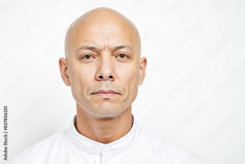 Fototapeta premium Confident Bald Man in White Shirt Looking at Camera