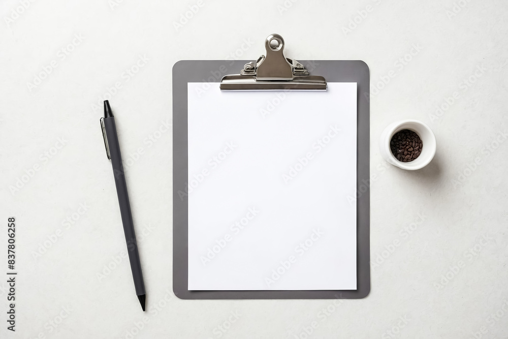Blank Clipboard with Pen and Coffee Beans Blank Clipboard with Pen and Coffee Beans