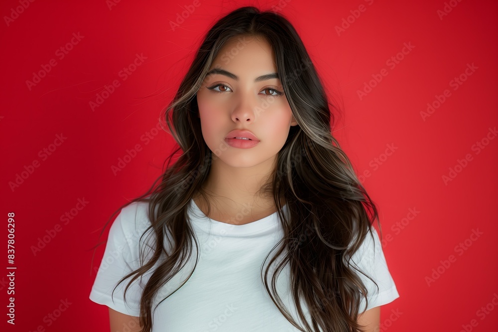 young Latina woman with long wavy hair, wearing a white blank t-shirt, against a bright red background, studio shot young Latina woman with long wavy hair, wearing a white blank t-shirt, against a bright red background, studio shot
