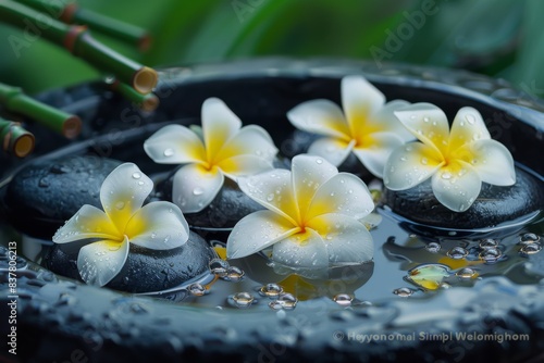 Three white flowers floating in water with rocks