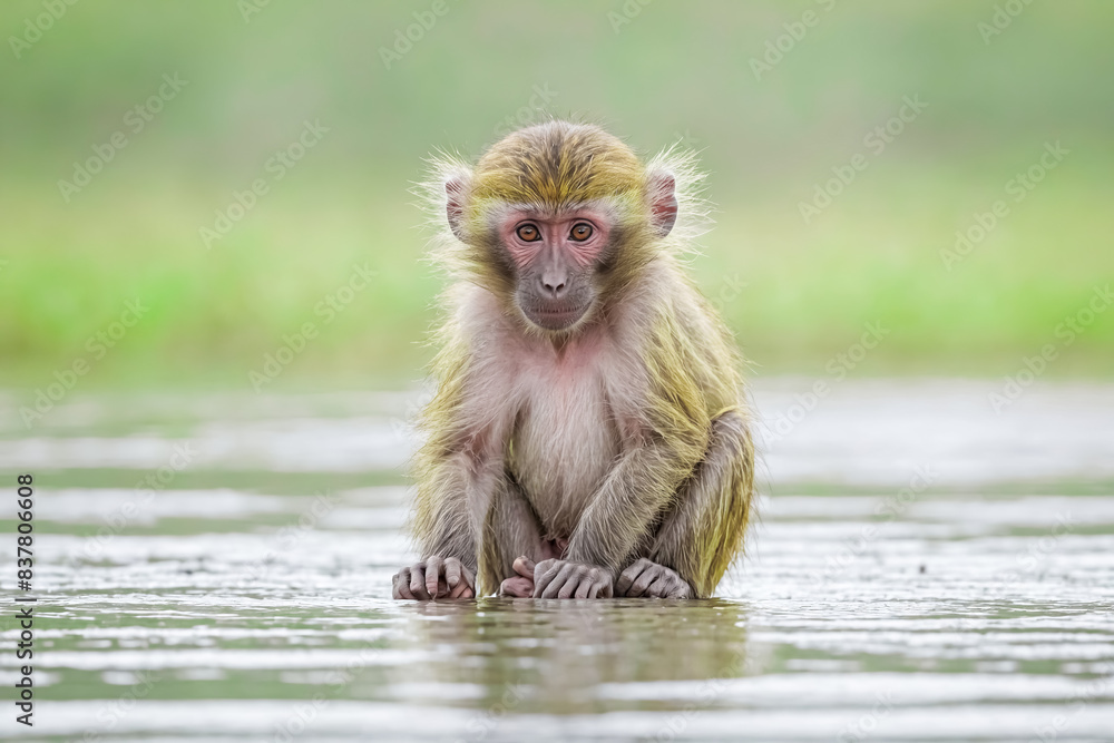 Naklejka premium Curious monkey sitting in the water