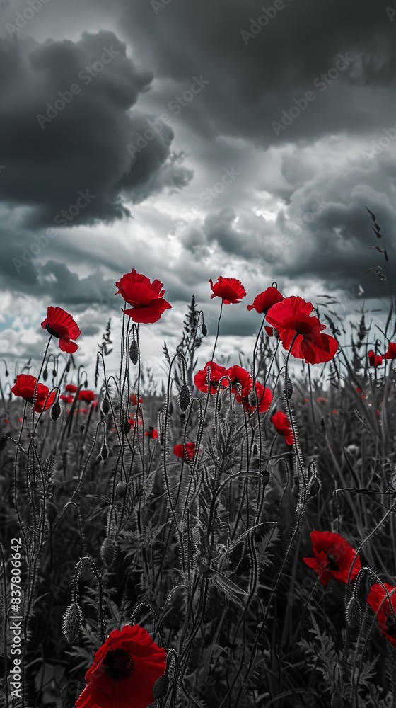 Obraz premium red poppies in the field. background imagery for remembrance or armistice day on 11 of november. dark clouds on the sky. selective color
