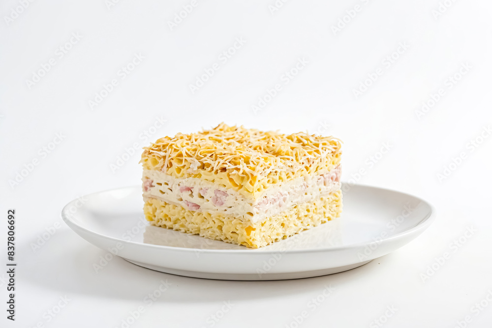 Pasta Salad with Ham and Cheese on a White Plate Pasta Salad with Ham and Cheese on a White Plate