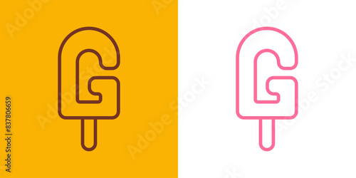Logo popsicle. Silueta con líneas de helado de paleta sabor fresa y chocolate con forma de letra inicial G