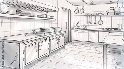 A clean 2D outline of a safe and hygienic kitchen environment, showing a well-organized space with labeled containers and clean surfaces