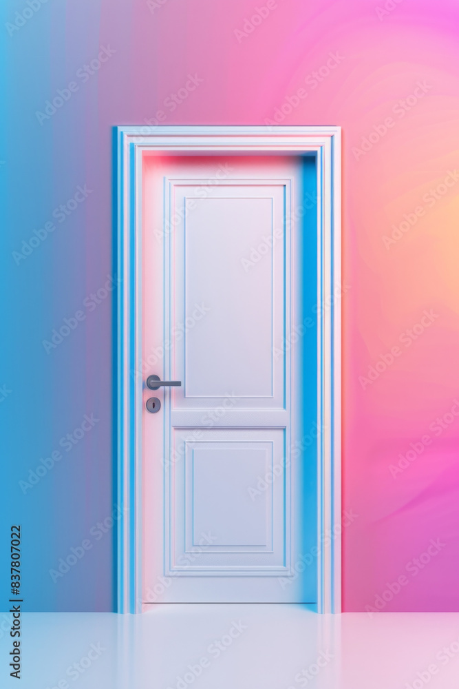 Plain white door against a gradient background transitioning smoothly from one vibrant color to another. The door's simplicity stands out against the colorful backdrop Plain white door against a gradient background transitioning smoothly from one vibrant color to another. The door's simplicity stands out against the colorful backdrop