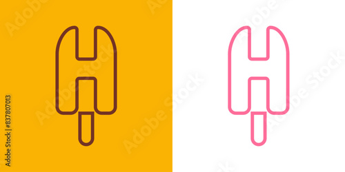 Logo popsicle. Silueta con líneas de helado de paleta sabor fresa y chocolate con forma de letra inicial H