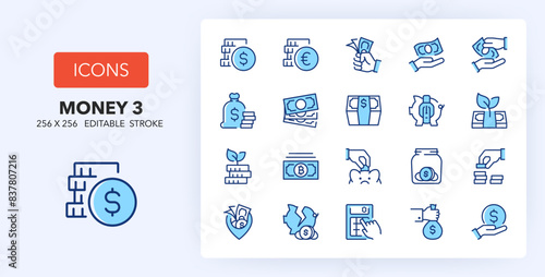 Line icons about money. Contains such icons as savings, accounting, payment and more. 256x256 Pixel Perfect editable in two colors. Set 1 of 3