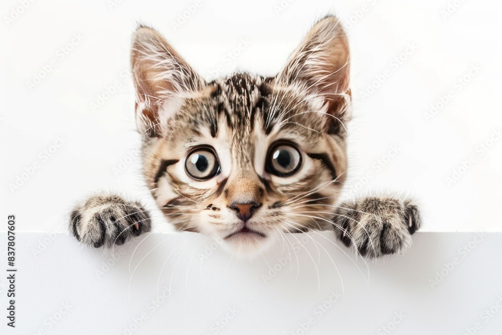 peeking kitten over a white blank drawing board, white background peeking kitten over a white blank drawing board, white background