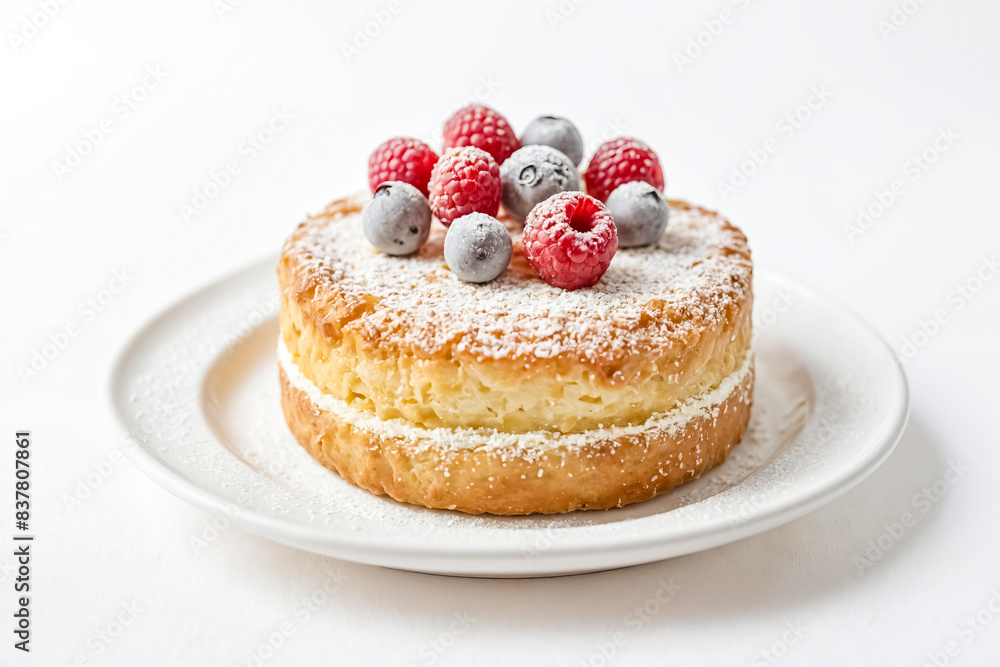 Delicious Cake with Berries and Powdered Sugar on a White Plate Delicious Cake with Berries and Powdered Sugar on a White Plate
