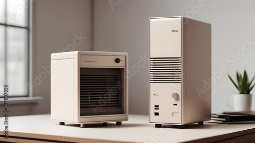 A stunning minimal PC case designed by Dieter Rams, BRAUN. Product ad with retro industrial design inspiration, warm retro natural lighting.