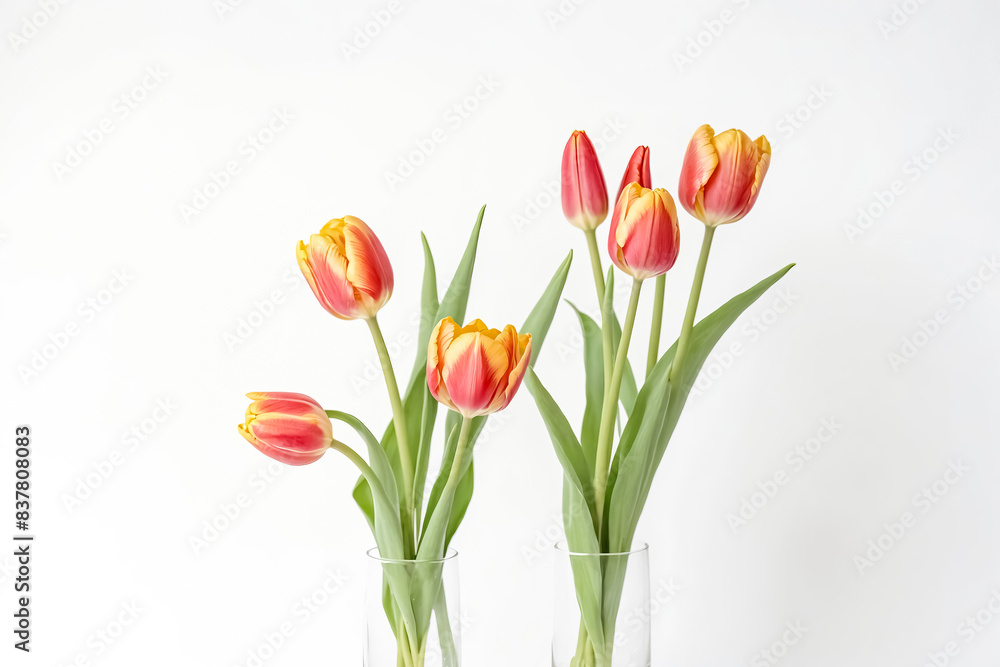 Two Glass Vases with Red and Yellow Tulips on White Background Two Glass Vases with Red and Yellow Tulips on White Background