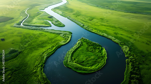 Aerial view of green grassland river valley photo