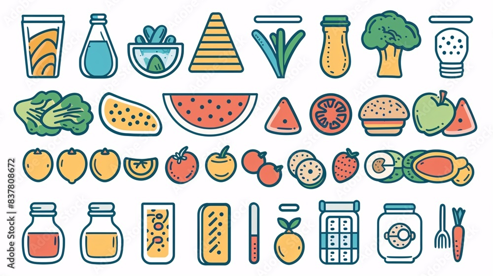 A detailed 2D outline of a balanced meal plan for a day, including breakfast, lunch, dinner, and snacks, each with healthy options depicted as icons A detailed 2D outline of a balanced meal plan for a day, including breakfast, lunch, dinner, and snacks, each with healthy options depicted as icons