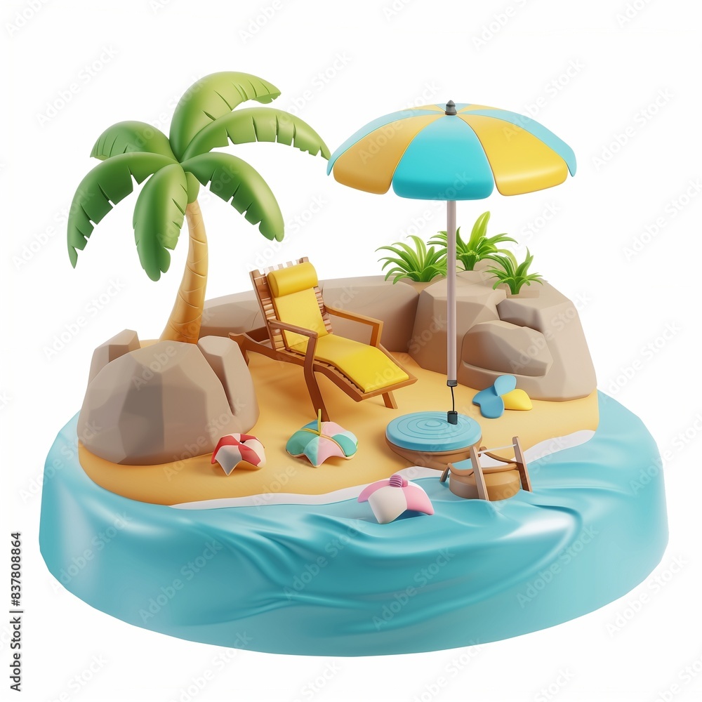 Obraz premium Beach coconut palm tree cartoon 3D rendering decoration icon isolated white